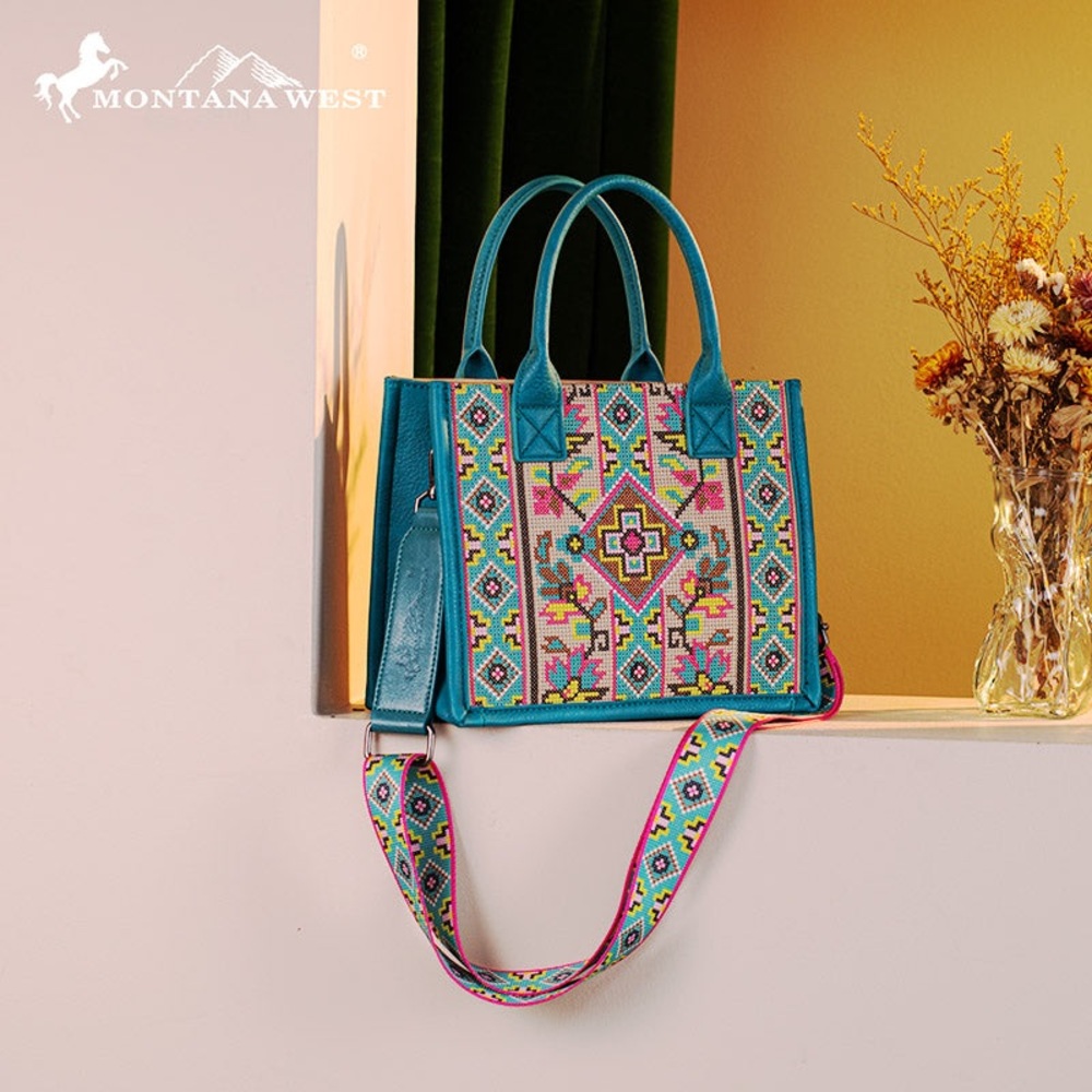 MONTANA WEST PATTERN EMBROIDERED CANVAS TOTE BAG - Picture 3 of 4